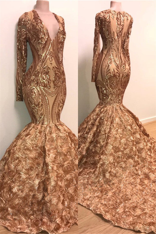 Wanna Prom Dresses, Real Model Series in Mermaid style,  and delicate Appliques work? Ballbella has all covered on this elegant Chic V-neck Elegant Long Sleeves Gold Sparkle Appliques Prom Party Gowns| Fit and Flare Flowers Real Prom Party Gowns.