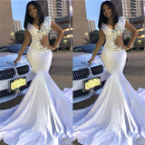 This beautiful Chic V-Neck Lace Rhinestones Sweep Train Mermaid Prom Dresses will make your guests say wow. The V-neck bodice is thoughtfully lined,  and the Floor-length skirt with Rhinestone to provide the airy,  flatter look of Stretch Satin.