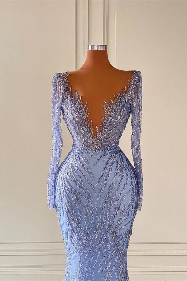 Chic V-Neck Long Sleeves Mermaid Prom Dresses with Beads-Ballbella