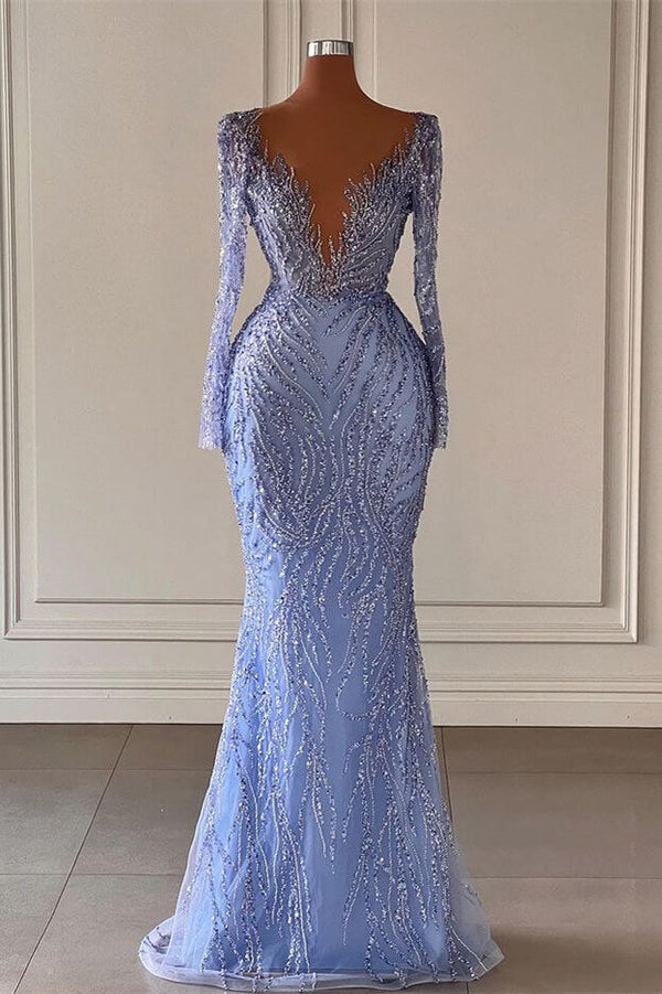 Chic V-Neck Long Sleeves Mermaid Prom Dresses with Beads-Ballbella