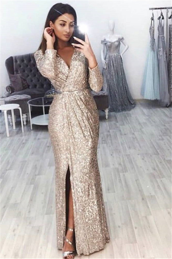 Different styles of V-Neck Long Sleevess Front Slipt Mermaid Prom Party Gowns are available at Ballbella. Custom made prom dresses in multiple colors & all sizes,  free delivery worldwide.