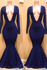 Chic V-neck Long Sleevess Mermaid Sequins Prom Dresses-Ballbella
