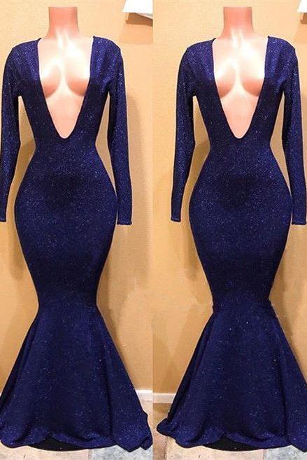 Chic V-neck Long Sleevess Mermaid Sequins Prom Dresses-Ballbella