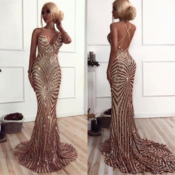 Find the Chic V-Neck Mermaid Prom Party Gowns| Sequins Long Evening Dress with lowest price and top quality at Ballbella,  free shipping & free customizing,  check out today.