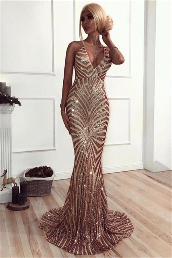 Chic V-Neck Mermaid Prom Party Gowns| Sequins Long Evening Dress-Ballbella