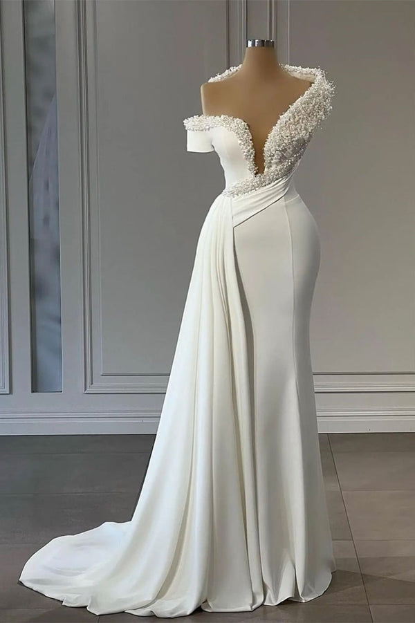 Chic V-neck Off-the-shoulder Beading Sleeveless Mermaid Bridal Dress-Ballbella