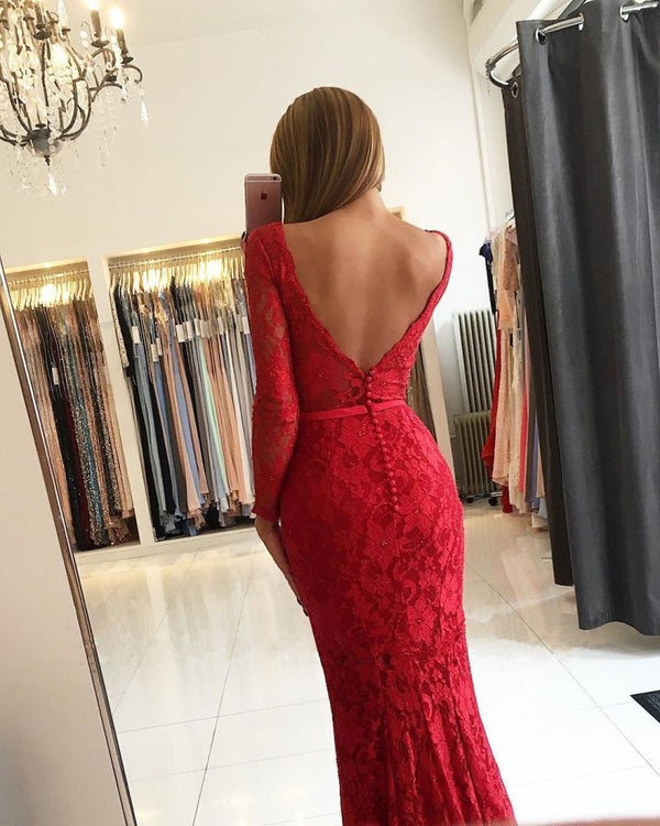 Wanna Prom Dresses, Evening Dresses in Mermaid style,  and delicate Lace work? Ballbella has all covered on this elegant Chic V-neck Open Back Scarlet Lace Evening Dresses Elegant Long Sleeves Fit and Flare Wholesale Prom Dresses yet cheap price.