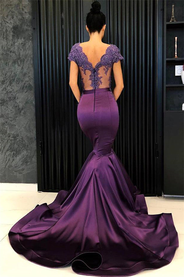 Chic V-Neck Short Sleeves Evening Dresses Mermaid Beadings Long Formal Dresses-Ballbella