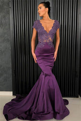 Chic V-Neck Short Sleeves Evening Dresses Mermaid Beadings Long Formal Dresses-Ballbella