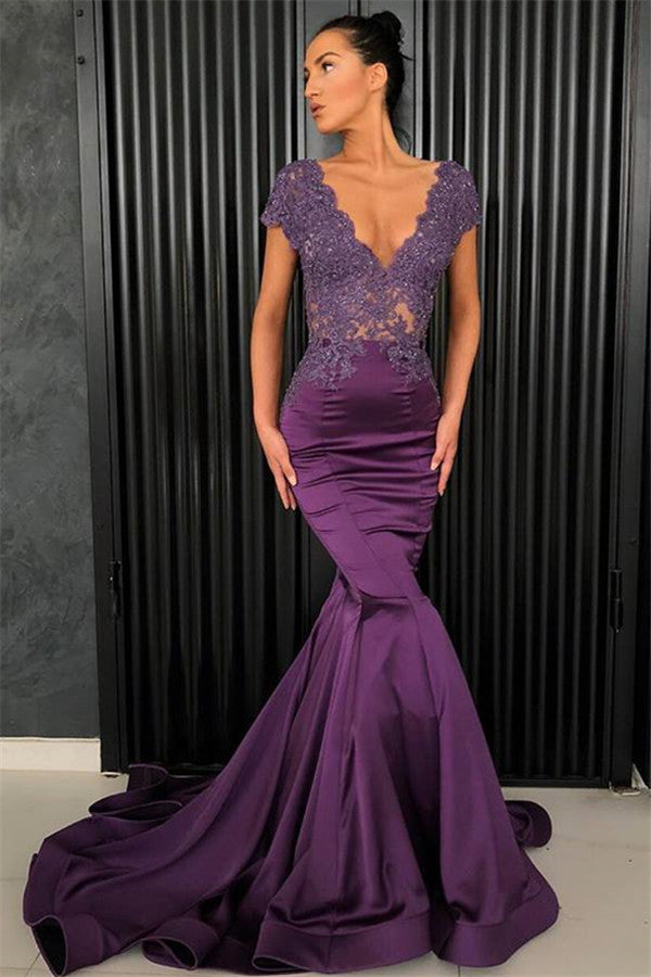 Chic V-Neck Short Sleeves Evening Dresses Mermaid Beadings Long Formal Dresses-Ballbella