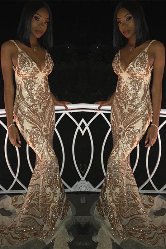 Chic V-Neck Spaghetti Straps Sleeveless Gold Appliques Mermaid Prom Dresses-Ballbella