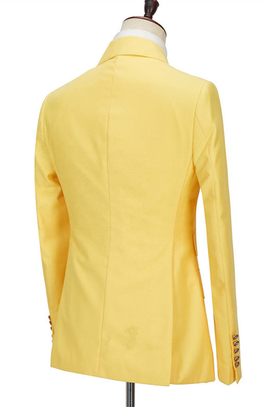 Chic Yellow Double Breasted Peaked Lapel Slim Fit Bespoke Men Suits-Ballbella
