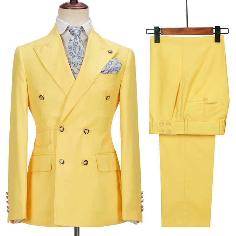 Chic Yellow Double Breasted Peaked Lapel Slim Fit Bespoke Men Suits-Ballbella