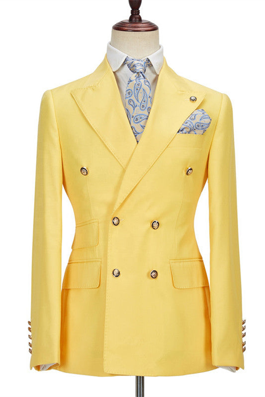 Chic Yellow Double Breasted Peaked Lapel Slim Fit Bespoke Men Suits