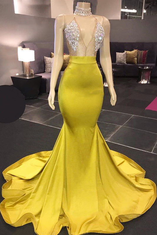 Chic Yellow Sleeveless Crystals Sheer Tulle Prom Dresses New Arrival Mermaid Formal Evening Gowns-Ballbella