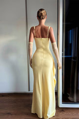 Chic Yellow Square Strap Satin Mermaid Prom Dress Sleeveless High Split With Ruffle Zipper-Ballbella
