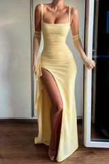 Chic Yellow Square Strap Satin Mermaid Prom Dress Sleeveless High Split With Ruffle Zipper-Ballbella