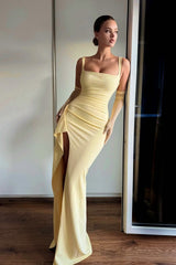 Chic Yellow Square Strap Satin Mermaid Prom Dress Sleeveless High Split With Ruffle Zipper-Ballbella