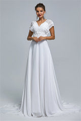 Chiffon A-line Portrait V-neck Applique Floor-length Sleeveless Wedding Dress Cover-Ballbella