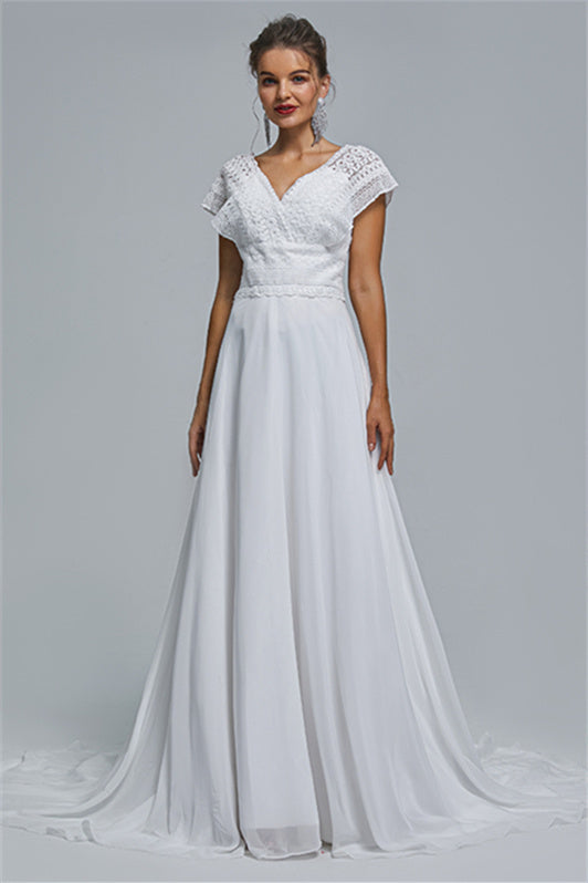 Chiffon A-line Portrait V-neck Applique Floor-length Sleeveless Wedding Dress Cover-Ballbella