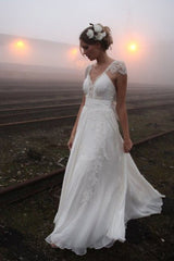 Chiffon A Line Sleeveless V neck Floor Length Lace Wedding Dresses-Ballbella