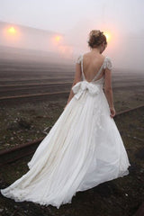 Chiffon A Line Sleeveless V neck Floor Length Lace Wedding Dresses-Ballbella