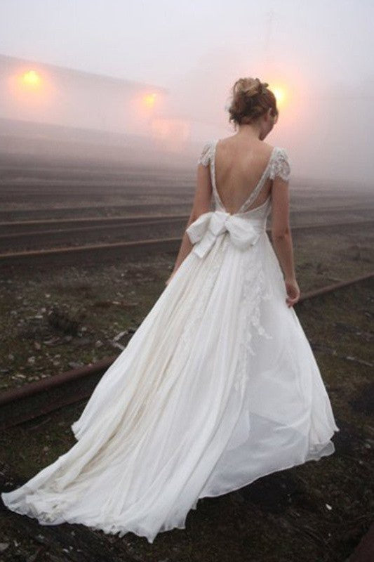 Chiffon A Line Sleeveless V neck Floor Length Lace Wedding Dresses-Ballbella