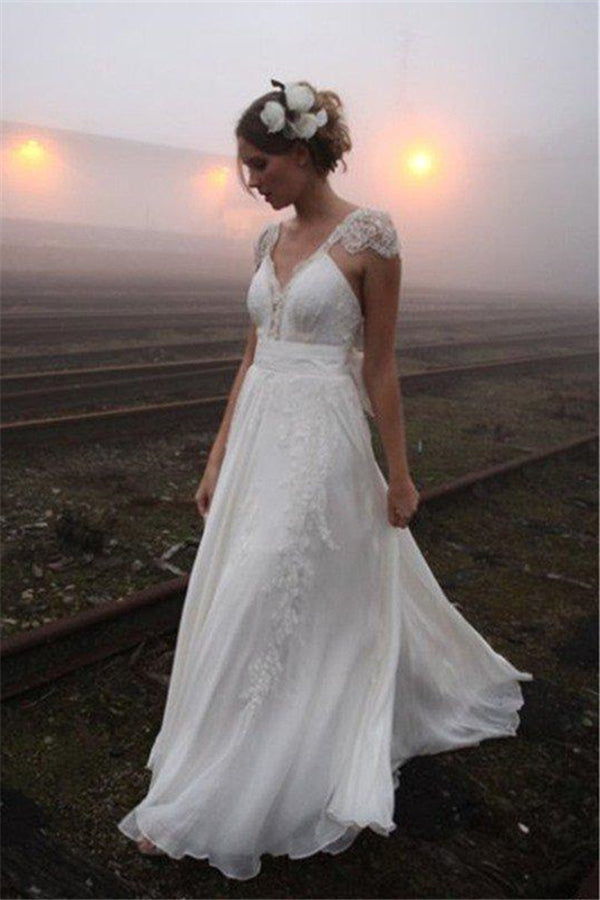 Chiffon A Line Sleeveless V neck Floor Length Lace Wedding Dresses-Ballbella