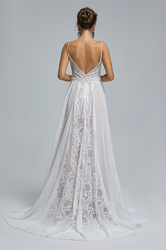 Chiffon A-line V-neck Applique Floor-length Sleeveless Backless Wedding Dress Cover-Ballbella