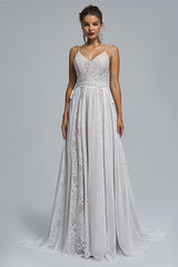 Chiffon A-line V-neck Applique Floor-length Sleeveless Backless Wedding Dress Cover-Ballbella