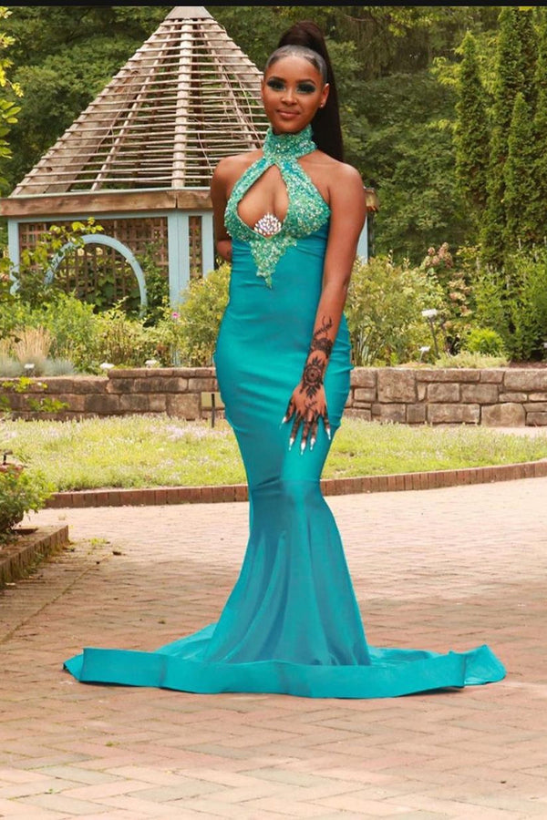 Chiffon Halter Sexy Green Mermaid Prom Dress Beaded Long Backless-Ballbella