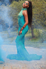 Chiffon Halter Sexy Green Mermaid Prom Dress Beaded Long Backless-Ballbella