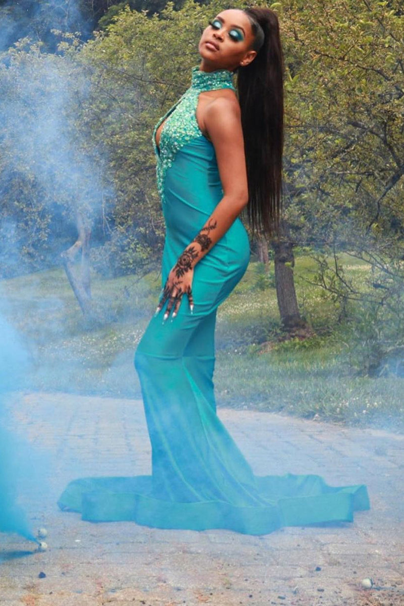 Chiffon Halter Sexy Green Mermaid Prom Dress Beaded Long Backless-Ballbella