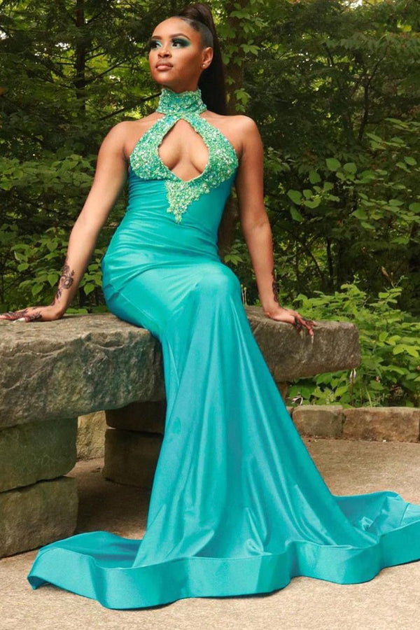 Chiffon Halter Sexy Green Mermaid Prom Dress Beaded Long Backless-Ballbella