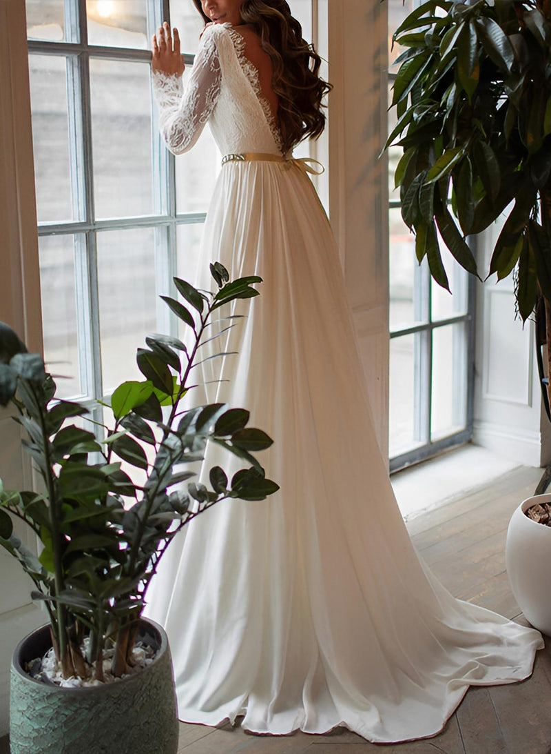 Chiffon Lace Wedding Dress Long Sleeves Sweep Train-Ballbella