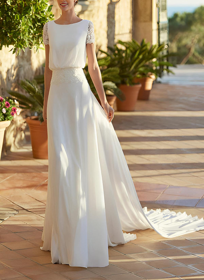 Chiffon Wedding Dress Chic A-line Silhouette Scoop Neck Short Sleeves Court Train