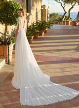 Chiffon Wedding Dress Chic A-line Silhouette Scoop Neck Short Sleeves Court Train-Ballbella