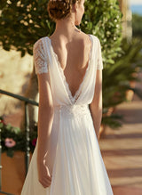 Chiffon Wedding Dress Chic A-line Silhouette Scoop Neck Short Sleeves Court Train-Ballbella
