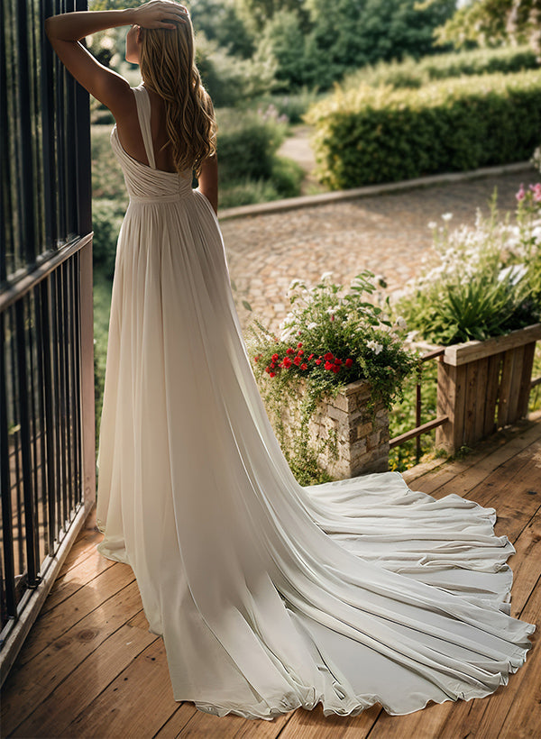 Chiffon Wedding Dress Split Front Chic A-line Sweep Train-Ballbella