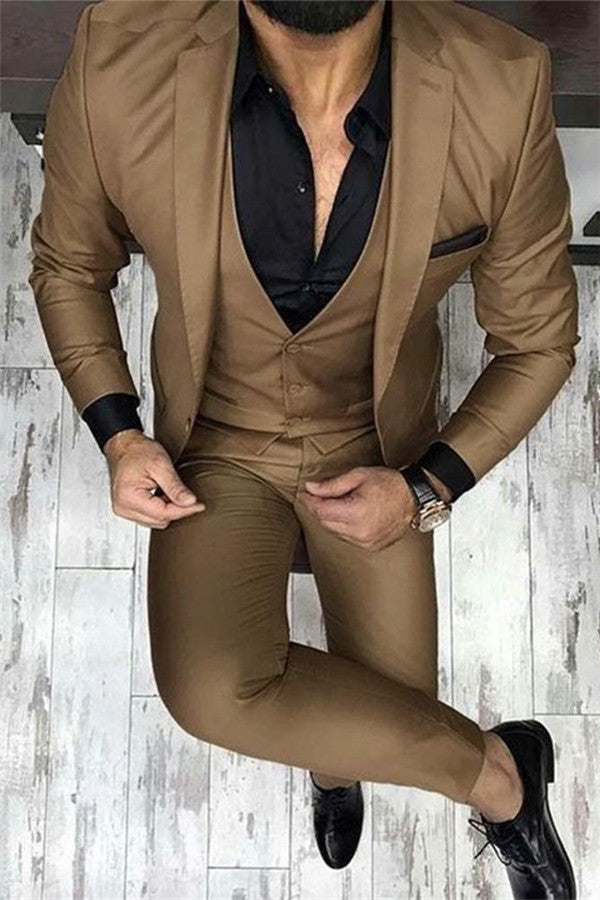 Chocolate Brown Three Piece Men's Prom Suits Designer Slim Fit Dress Suit-Ballbella