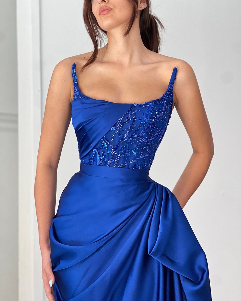 ocean blue prom dress Classic A-line Ruffles Sleeveless Square Satin Oceanblue Prom Dress