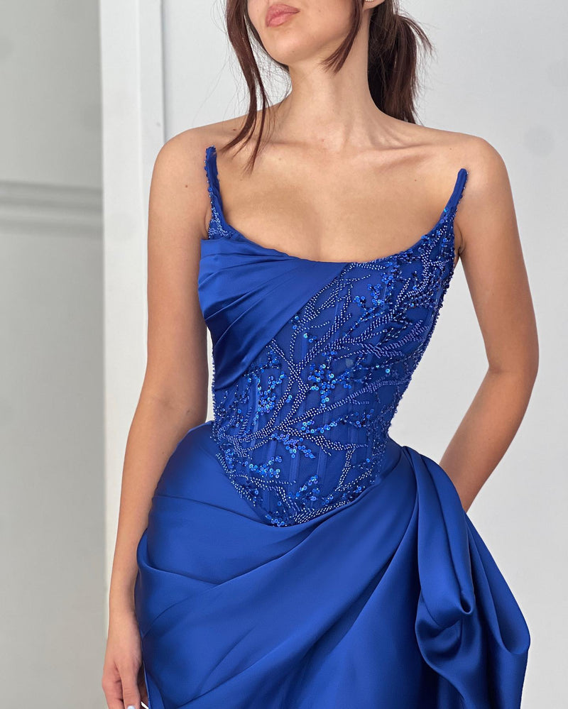 ocean blue satin dress Ocean Blue Silk Satin Off The Shoulder Mermaid With Slit Prom Dresses, CP1114 US2 / Custom Color(leaving a note)