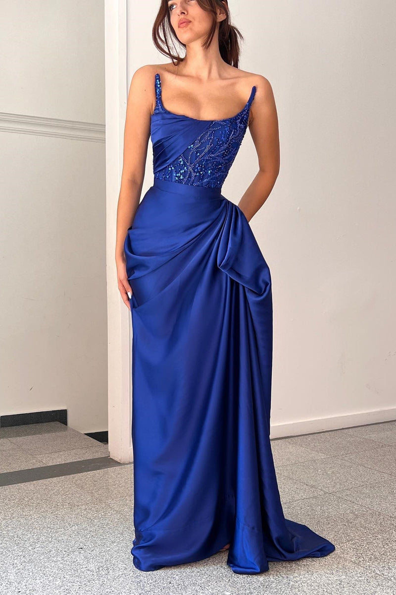 Classic A-line Ruffles Sleeveless Square Satin Oceanblue Prom Dress Classic A-line Ruffles Sleeveless Square Satin Oceanblue Prom Dress