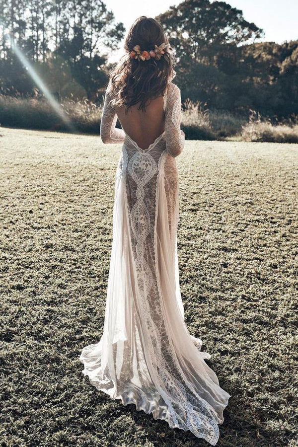Classic Beach Long Sleevess Backless Lace Beach Wedding Dress