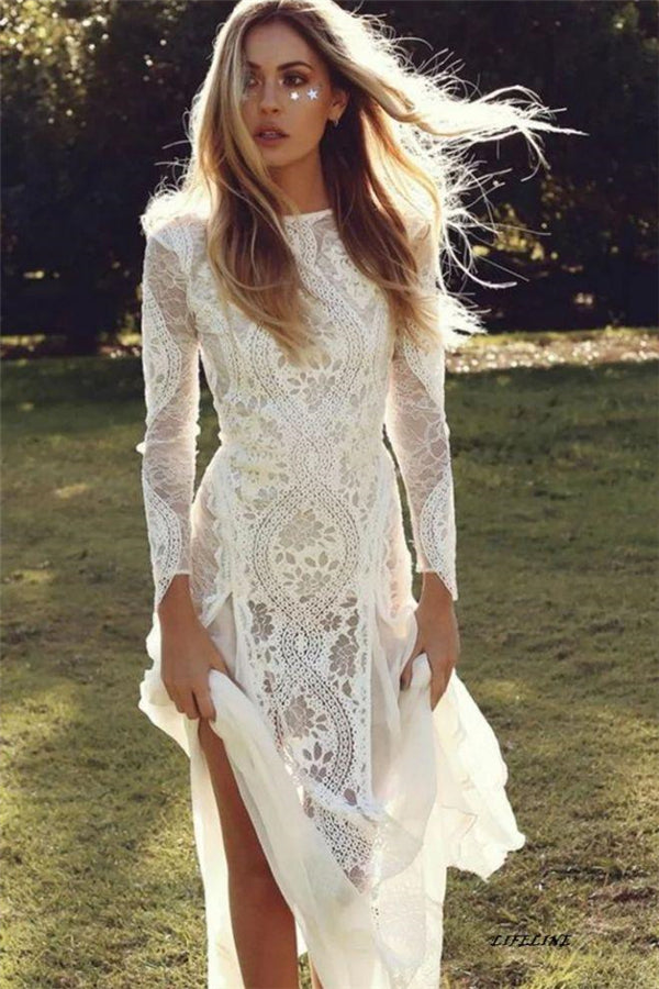 Beach Casual Boho Wedding Dresses Casual Flowy Boho Wedding Dress With Side Slit Beach Casual Boho Wedding Dresses Casual Flowy Boho Wedding Dress With Side Slit