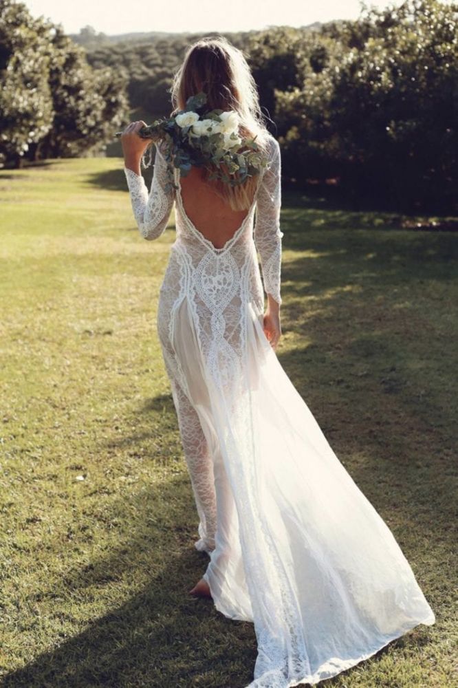 Wanna get a dress in 30D Chiffon, A-line style, and delicate Lace work? Ballbella custom made you this Classic Beach Long Sleevess Backless Lace Beach Wedding Dress Simple Summer Casual Bridal Gowns Online at factory price.