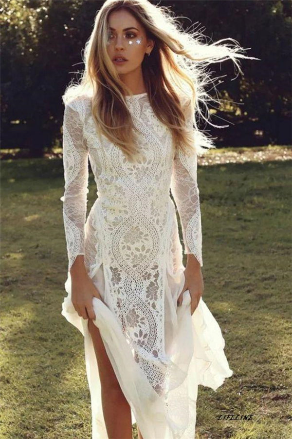 Classic Beach Long Sleevess Backless Lace Beach Wedding Dress Simple Summer Casual Bridal Gowns Online-Ballbella