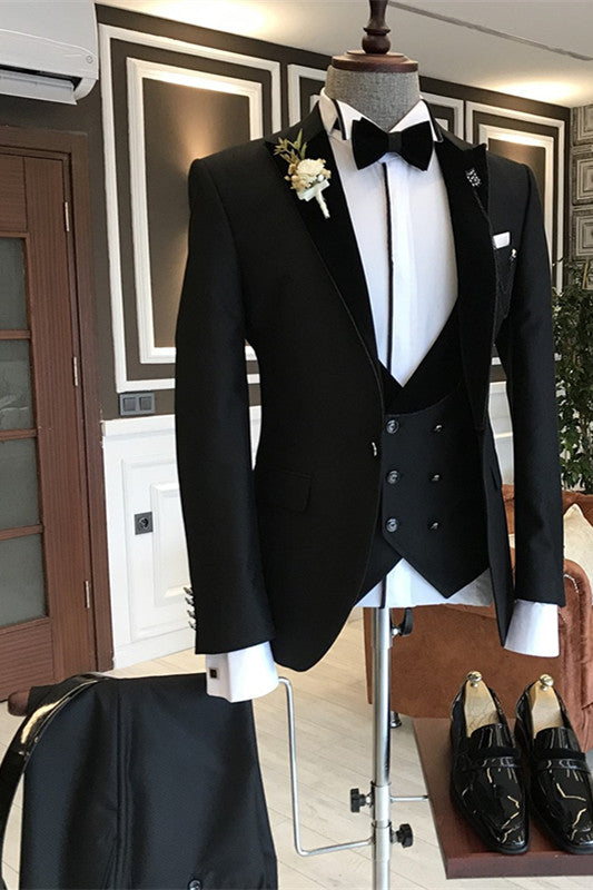 Classic Black Classy Slim Fit 3-Piece Peaked Lapel Men Suits-Ballbella