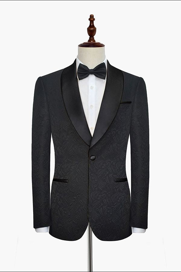 Classic Black Jacquard Wedding Tuxedo for Men Shawl Lapel Silk One Button Wedding Suits-Ballbella
