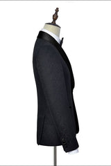 Classic Black Jacquard Wedding Tuxedo for Men Shawl Lapel Silk One Button Wedding Suits-Ballbella